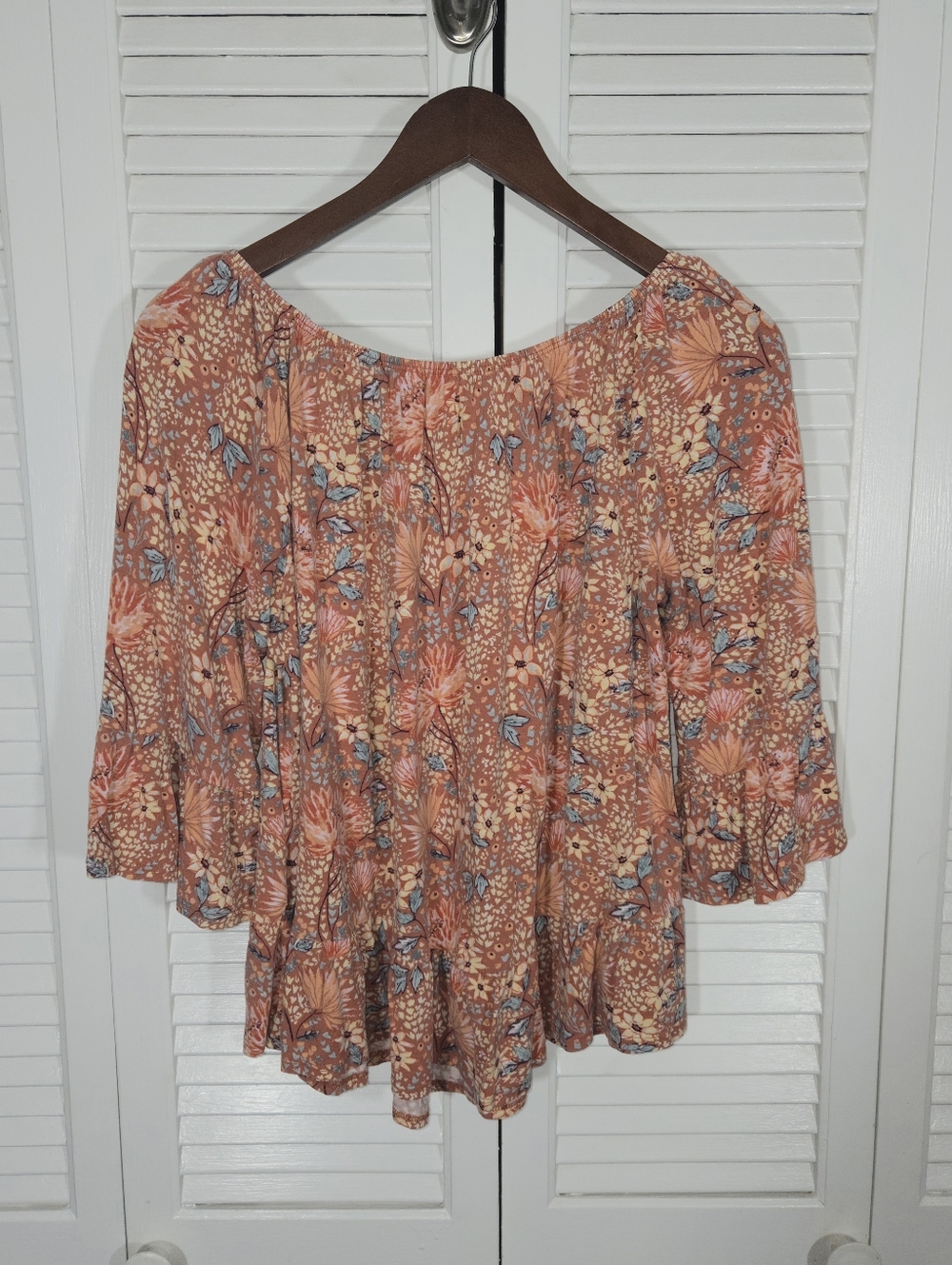 Style & Co Floral Peasant Peach Tones Boho Smocked Scooped Neck Blouse Sz L - Picture 4 of 4